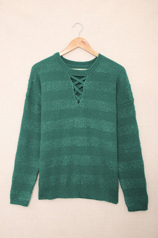 Round Neck Dropped Shoulder Crisscross Pullover Sweater BLUE ZONE PLANET