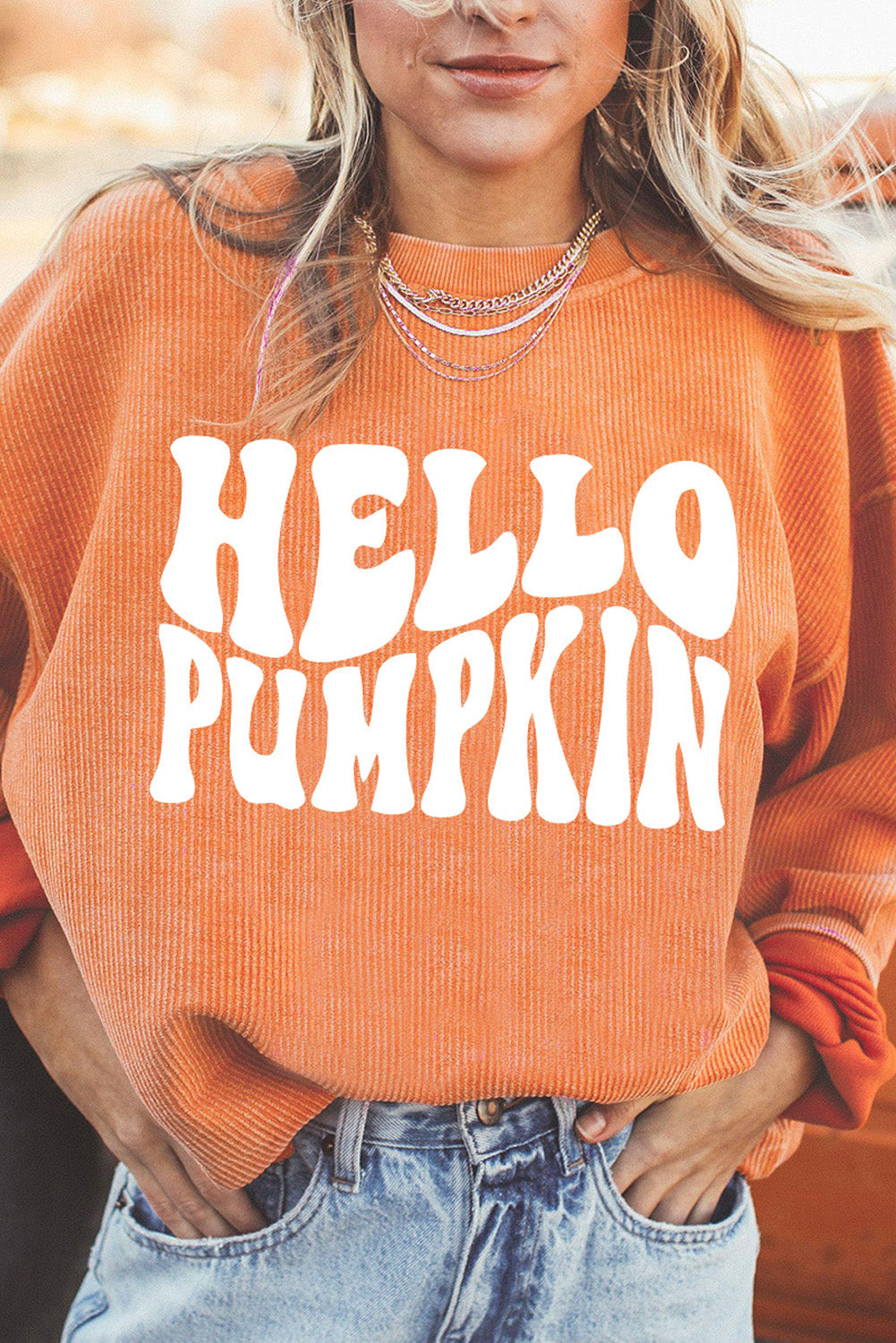 Round Neck Dropped Shoulder HELLO PUMPKIN Graphic Sweatshirt BLUE ZONE PLANET