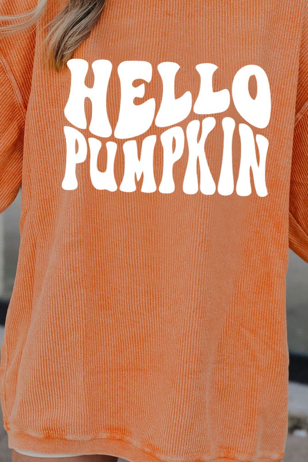 Round Neck Dropped Shoulder HELLO PUMPKIN Graphic Sweatshirt BLUE ZONE PLANET