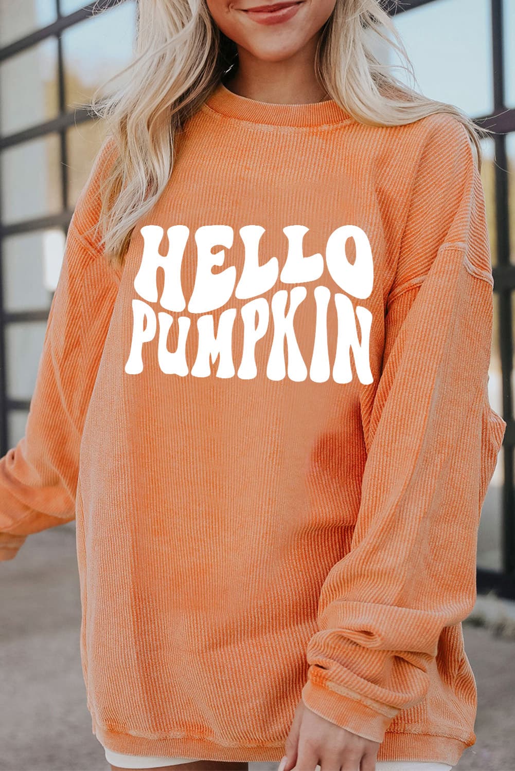 Round Neck Dropped Shoulder HELLO PUMPKIN Graphic Sweatshirt BLUE ZONE PLANET