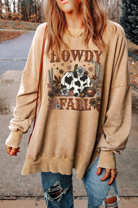 Round Neck Dropped Shoulder HOWDY FALL Graphic Sweatshirt BLUE ZONE PLANET