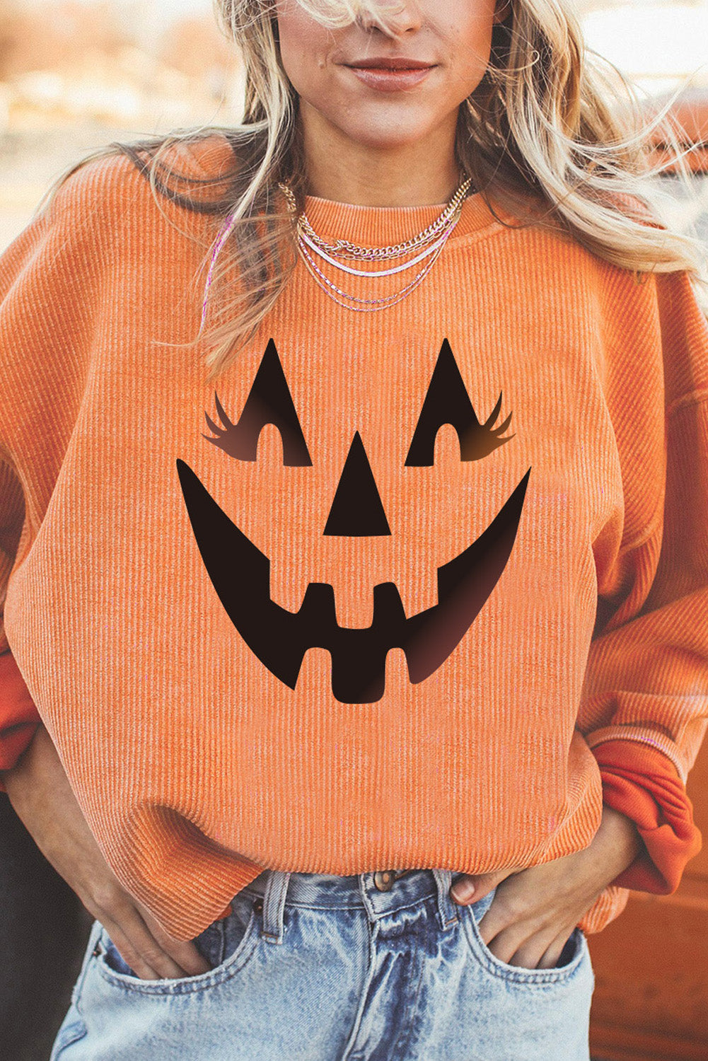 Round Neck Dropped Shoulder Jack-O'-Lantern Graphic Sweatshirt BLUE ZONE PLANET