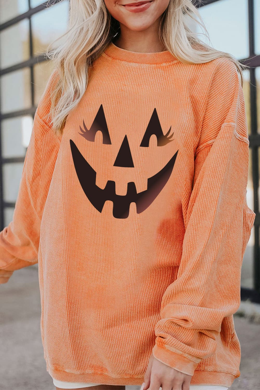 Round Neck Dropped Shoulder Jack-O'-Lantern Graphic Sweatshirt BLUE ZONE PLANET