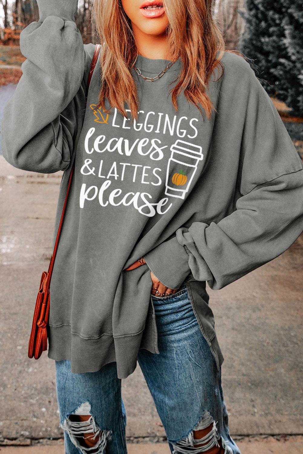 Round Neck Dropped Shoulder LEGGINGS LEAVES LATTES PLEASE Graphic Sweatshirt BLUE ZONE PLANET