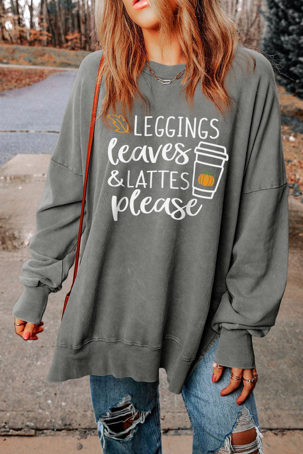 Round Neck Dropped Shoulder LEGGINGS LEAVES LATTES PLEASE Graphic Sweatshirt BLUE ZONE PLANET