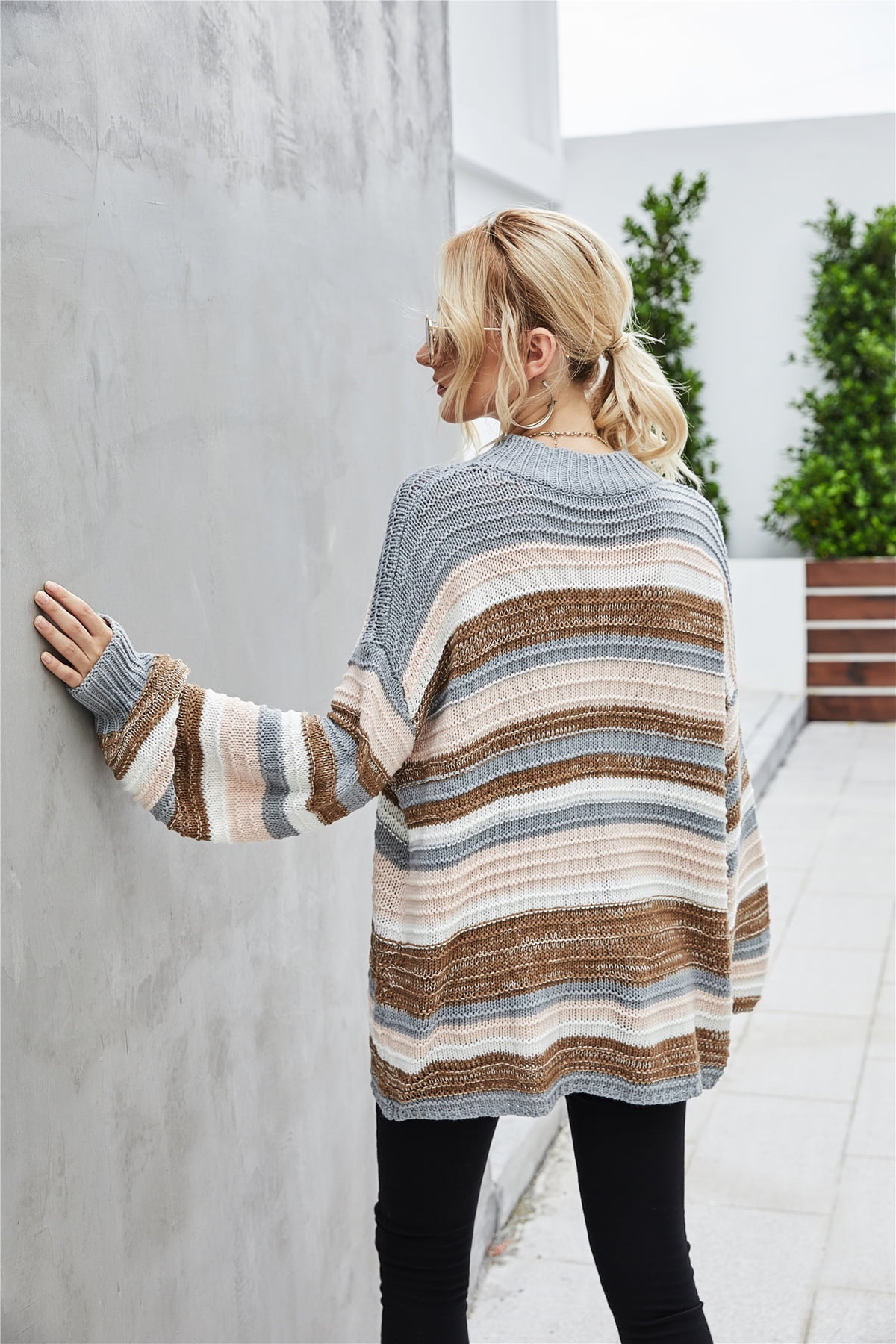 Round Neck Dropped Shoulder Printed Sweater BLUE ZONE PLANET