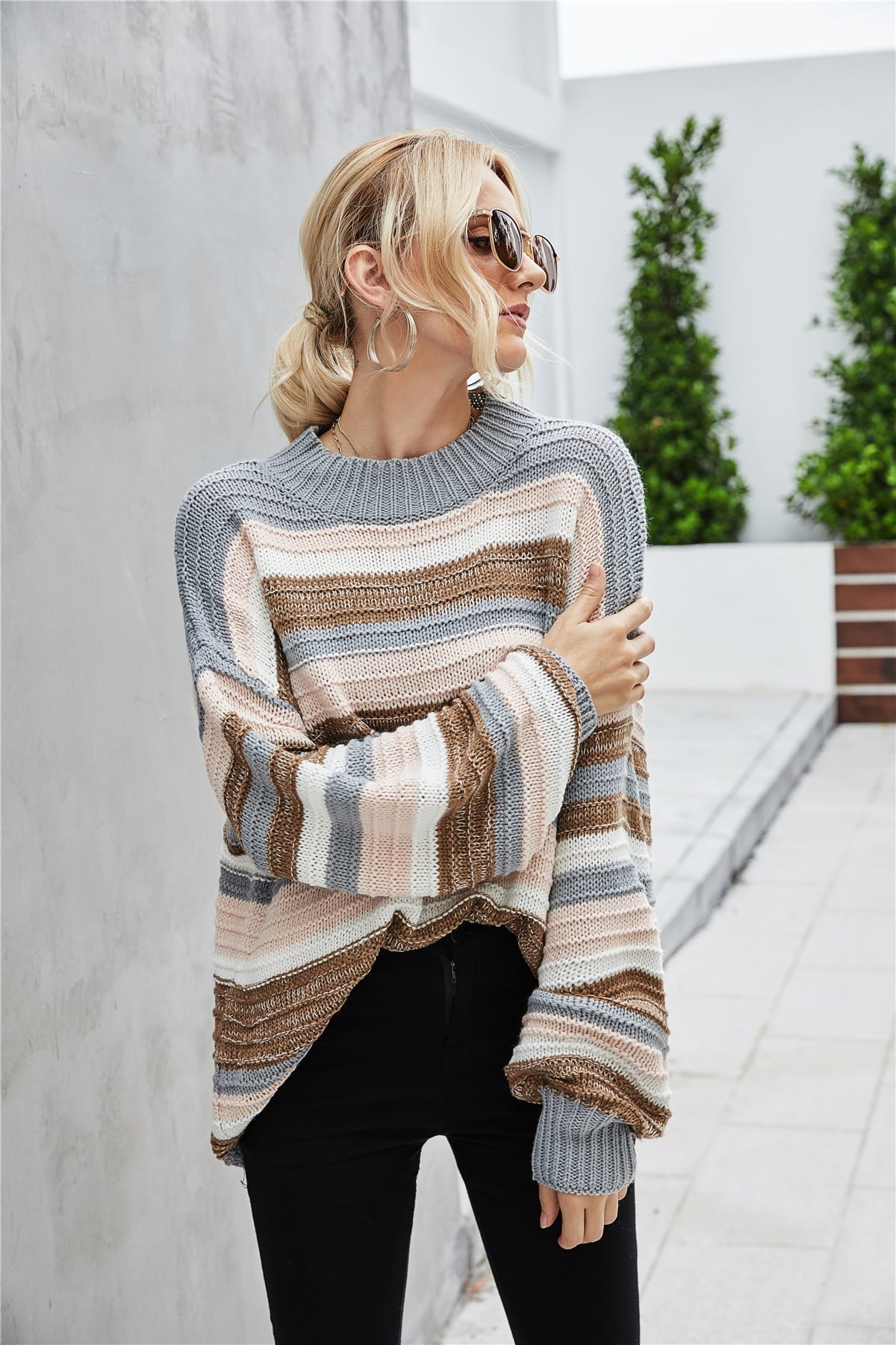 Round Neck Dropped Shoulder Printed Sweater BLUE ZONE PLANET