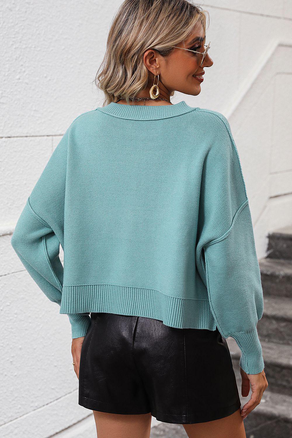 Round Neck Dropped Shoulder Pullover Sweater BLUE ZONE PLANET