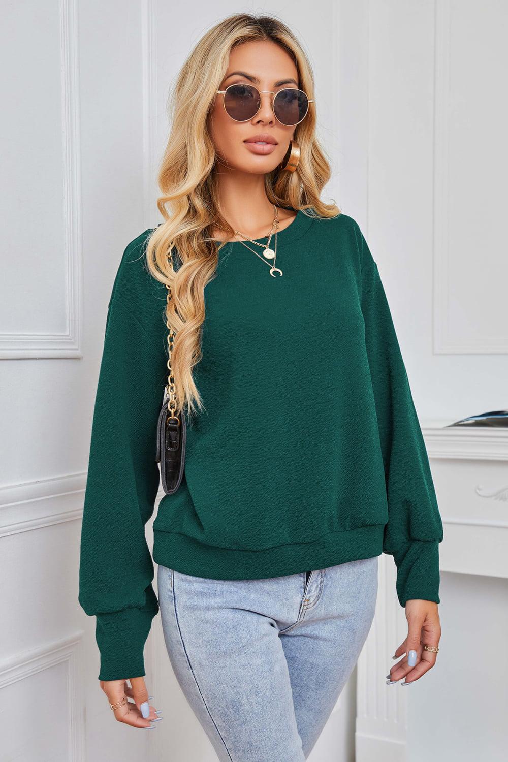 Round Neck Dropped Shoulder Pullover Sweater BLUE ZONE PLANET