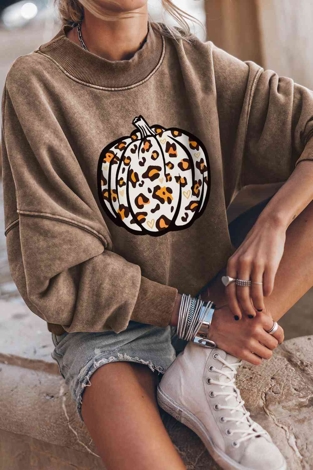 Round Neck Dropped Shoulder Pumpkin Graphic Sweatshirt BLUE ZONE PLANET