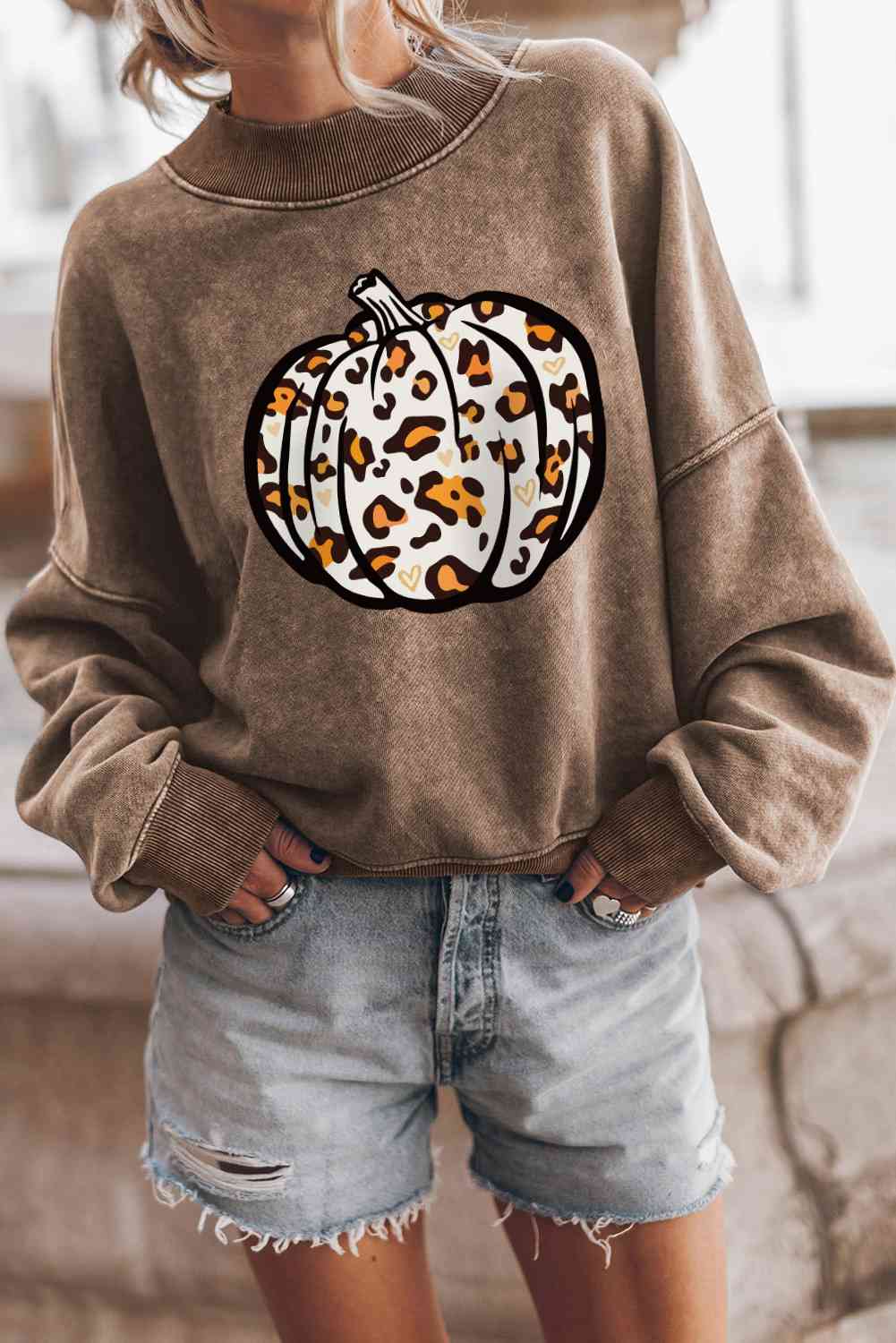 Round Neck Dropped Shoulder Pumpkin Graphic Sweatshirt BLUE ZONE PLANET