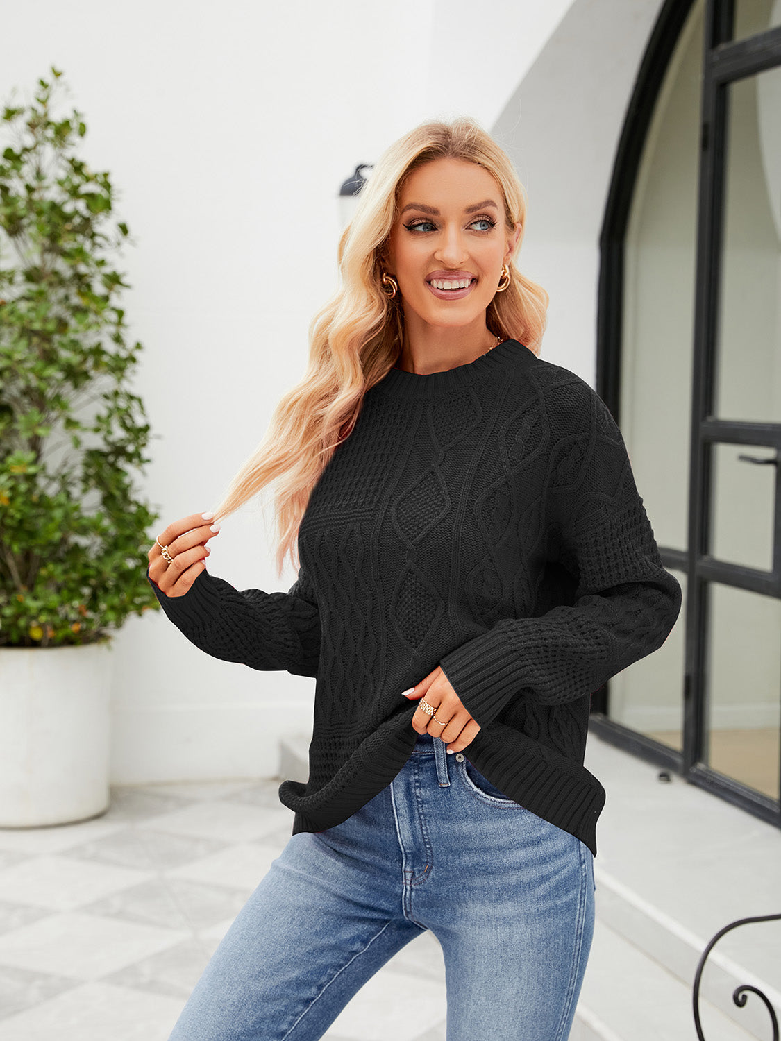 Round Neck Dropped Shoulder Ribbed Sweater BLUE ZONE PLANET
