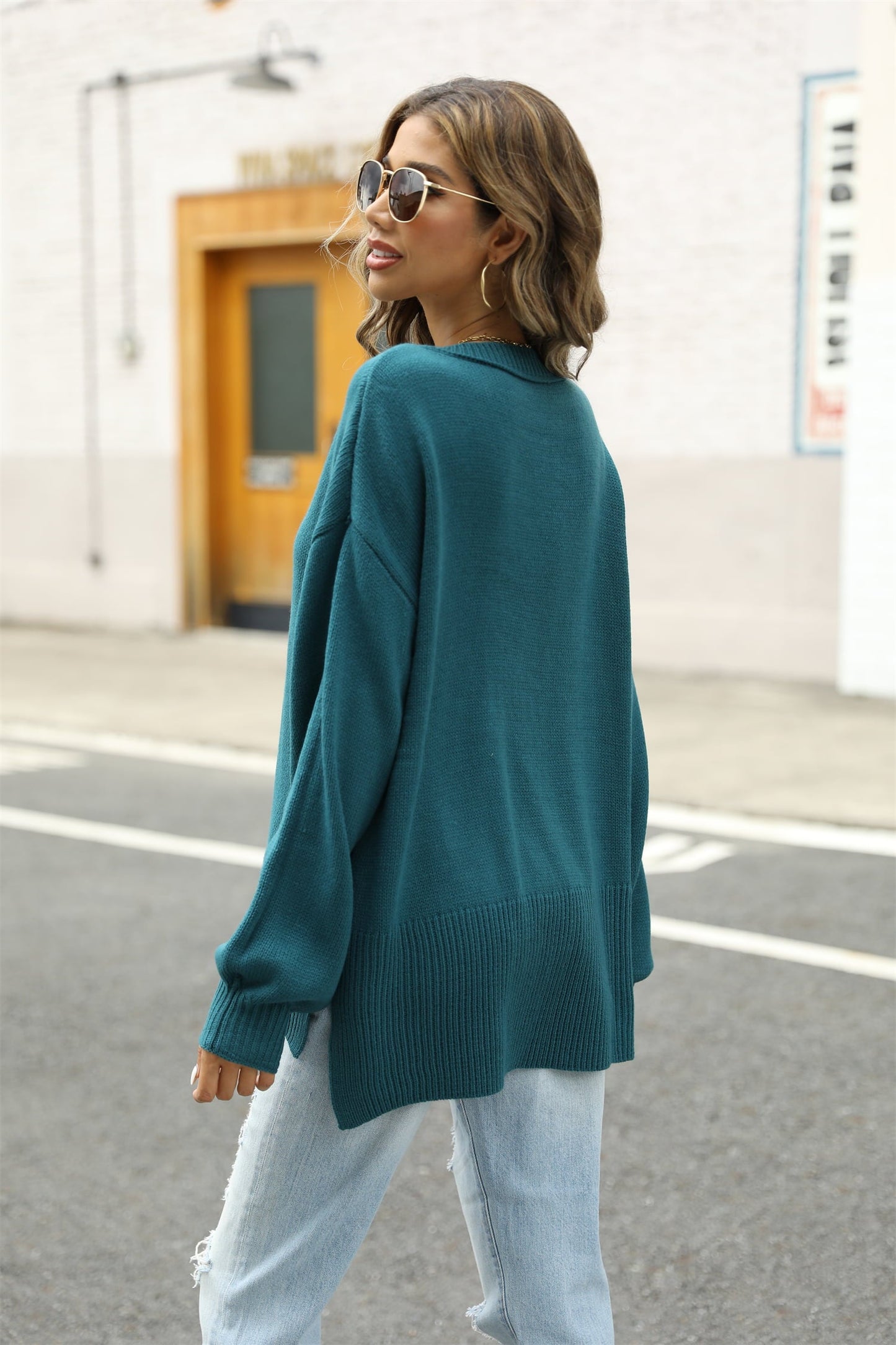 Round Neck Dropped Shoulder Slit Sweater BLUE ZONE PLANET