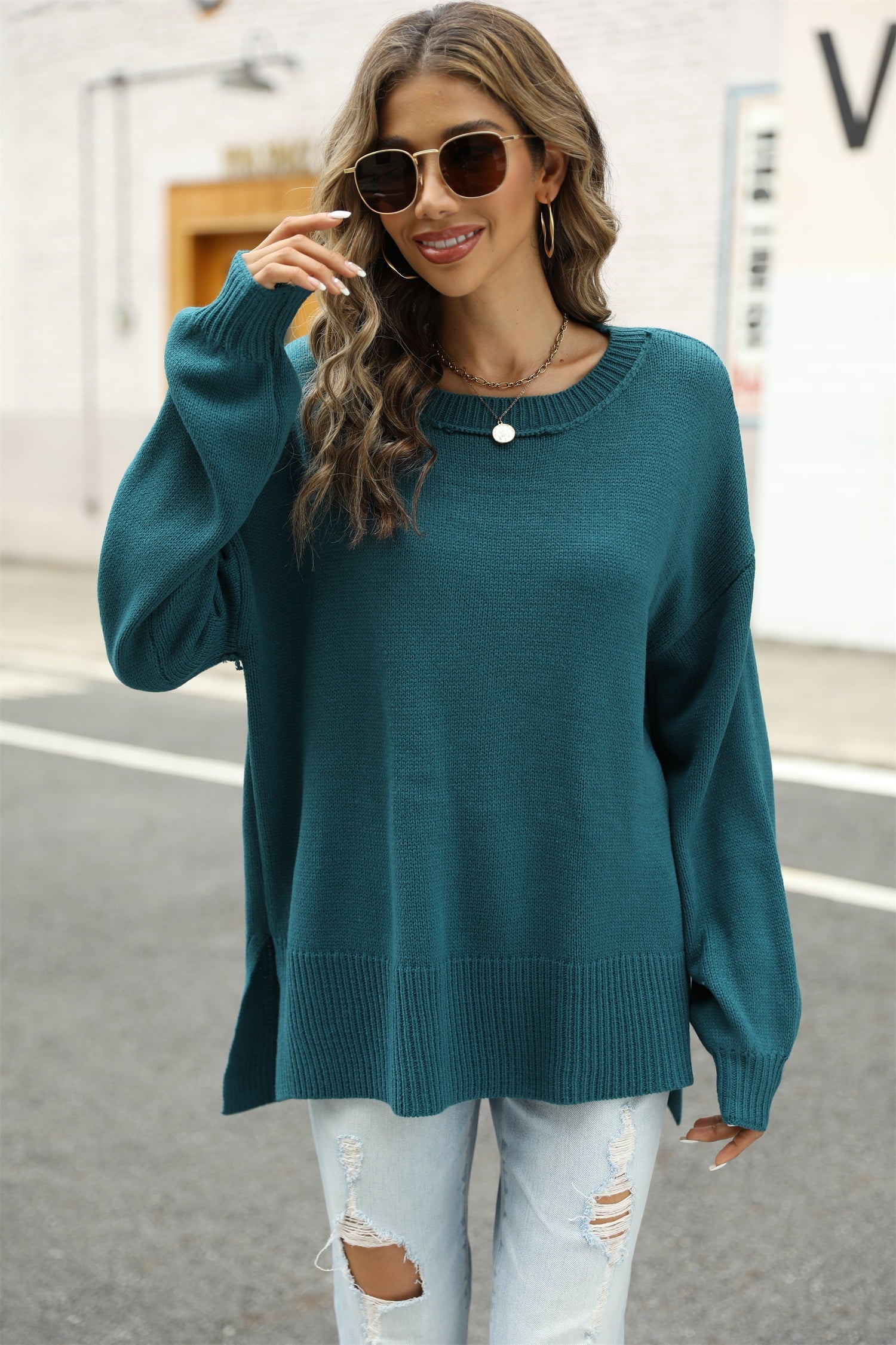 Round Neck Dropped Shoulder Slit Sweater BLUE ZONE PLANET