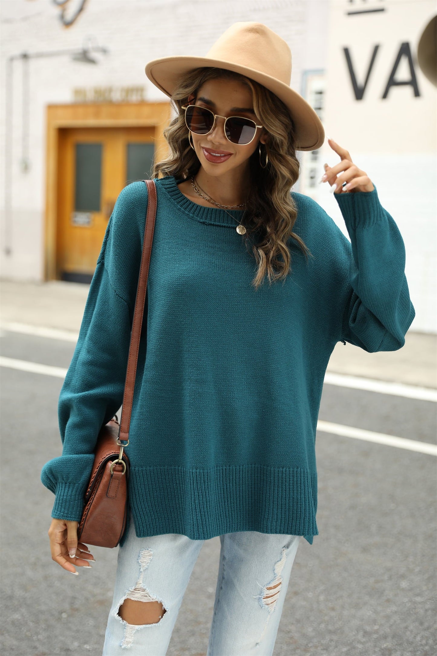 Round Neck Dropped Shoulder Slit Sweater BLUE ZONE PLANET