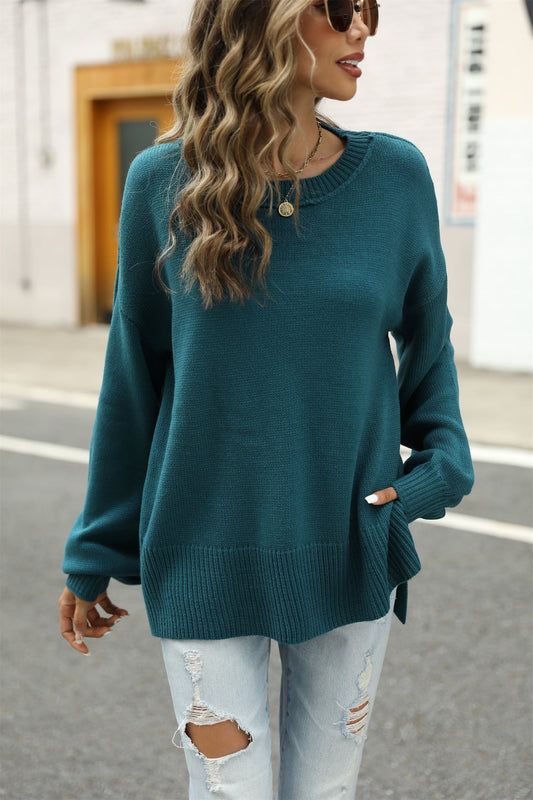 Round Neck Dropped Shoulder Slit Sweater BLUE ZONE PLANET
