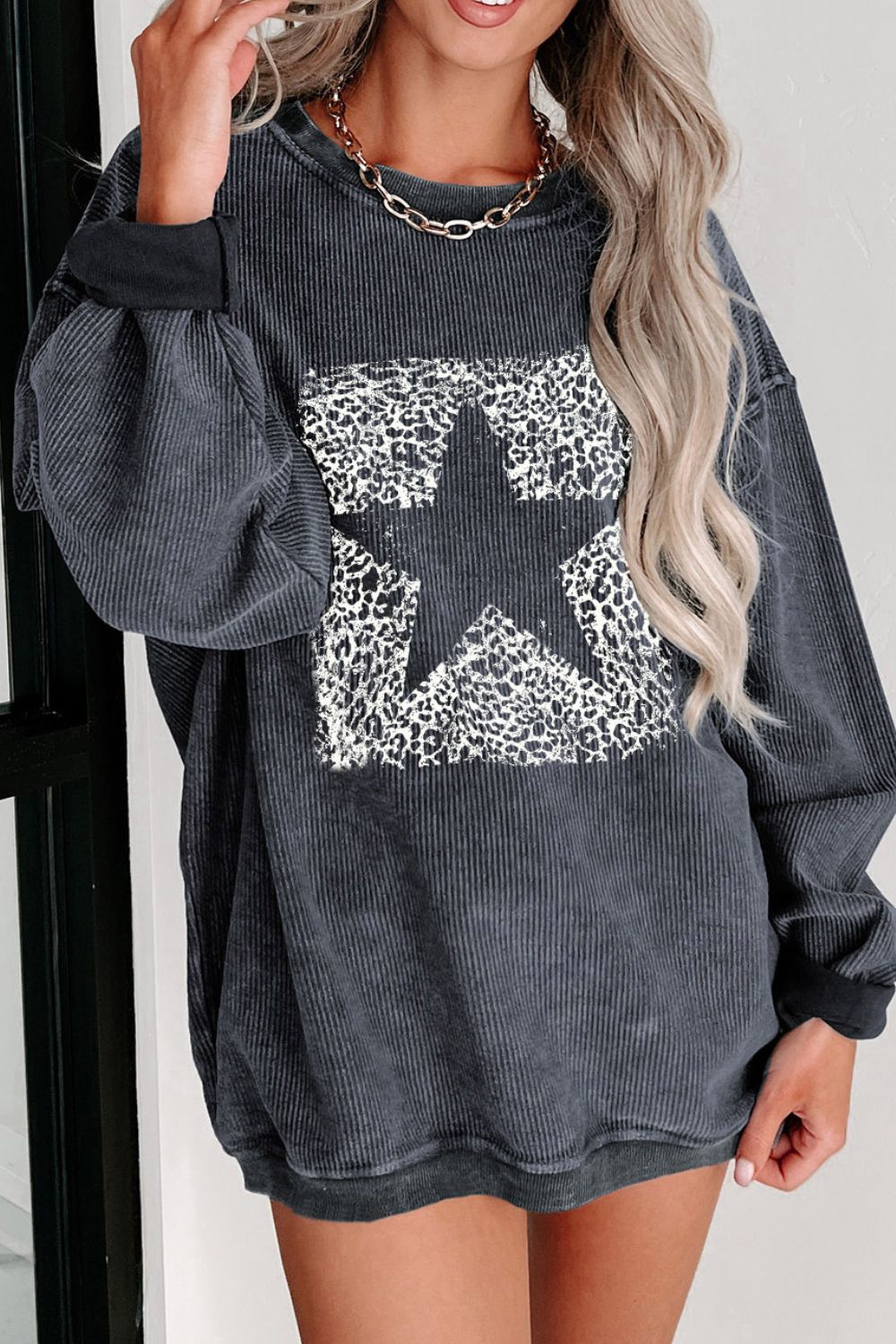 Blue Zone Planet |  Round Neck Dropped Shoulder Star Graphic Sweatshirt BLUE ZONE PLANET