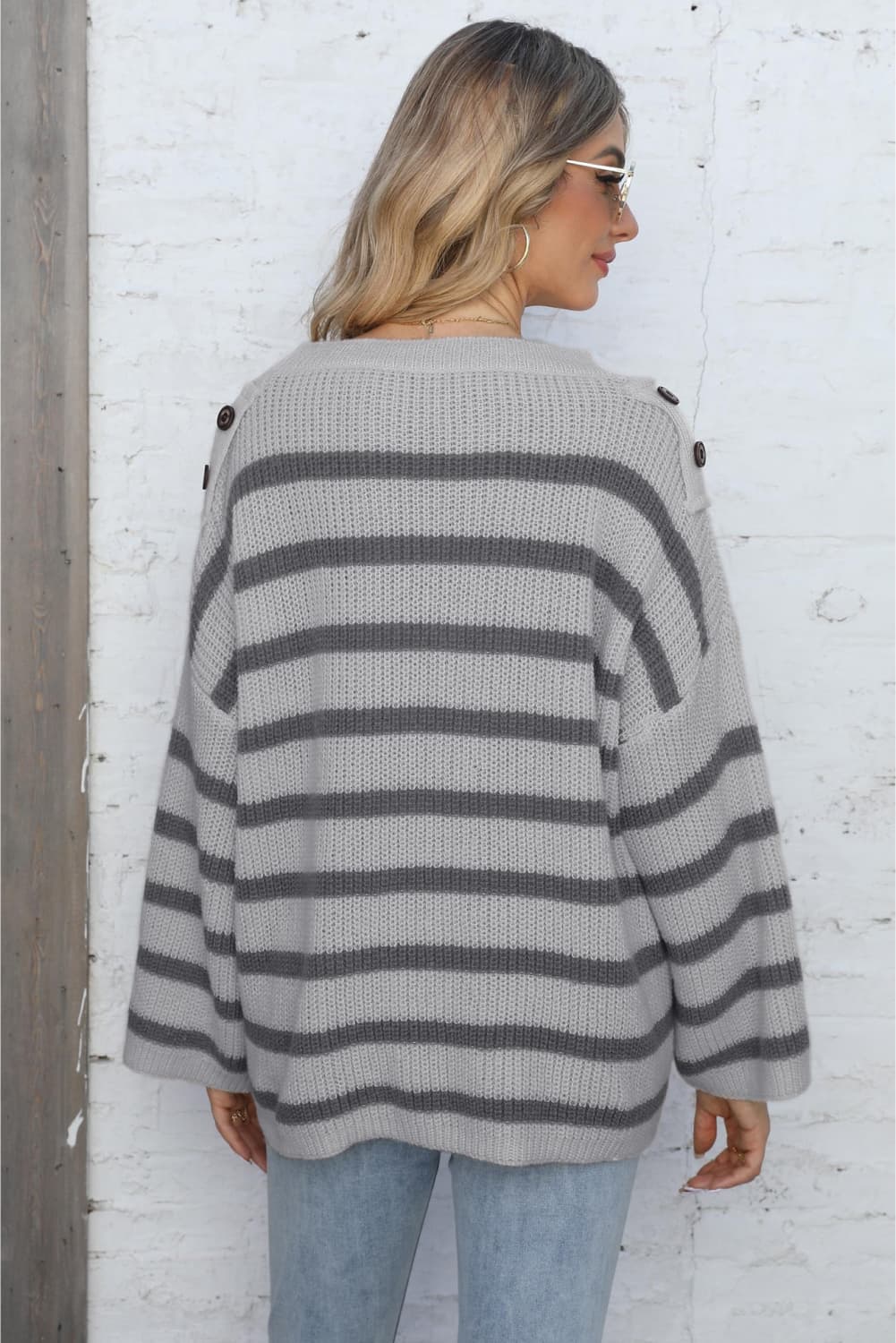 Round Neck Dropped Shoulder Striped Sweater BLUE ZONE PLANET