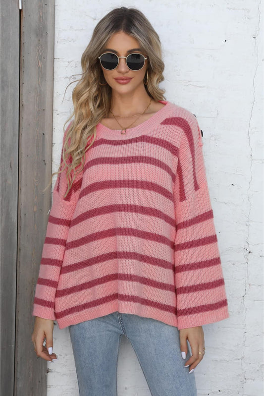 Round Neck Dropped Shoulder Striped Sweater BLUE ZONE PLANET