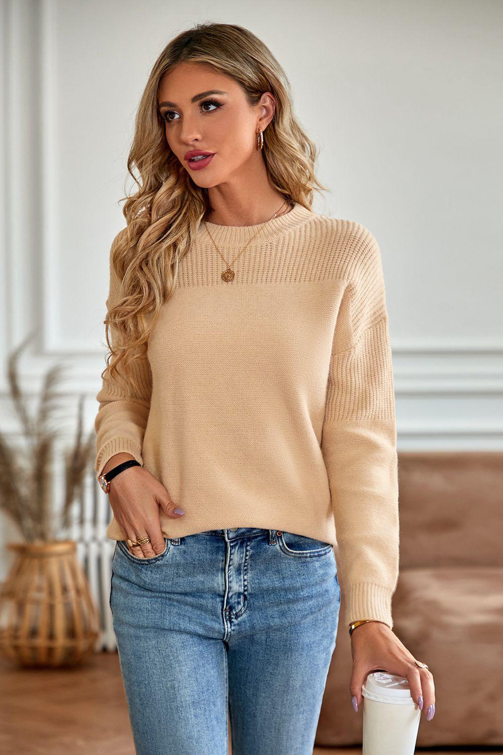 Round Neck Dropped Shoulder Sweater BLUE ZONE PLANET