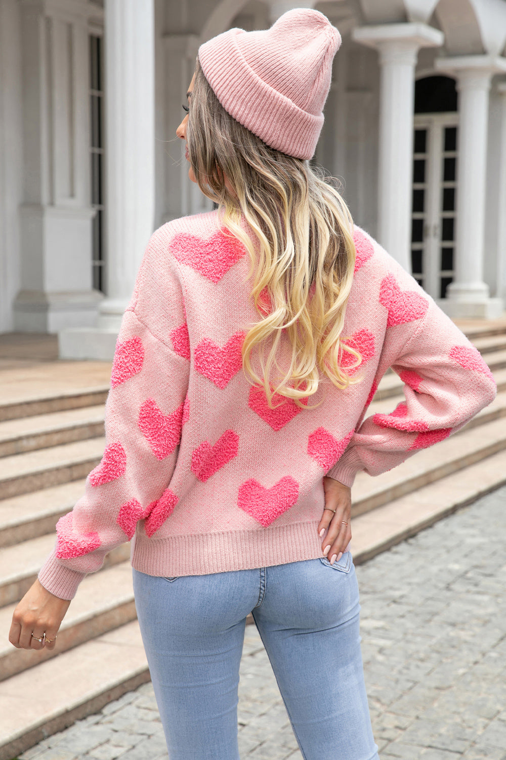 Round Neck Dropped Shoulder Sweater with Heart Pattern BLUE ZONE PLANET