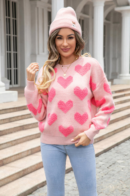 Round Neck Dropped Shoulder Sweater with Heart Pattern BLUE ZONE PLANET