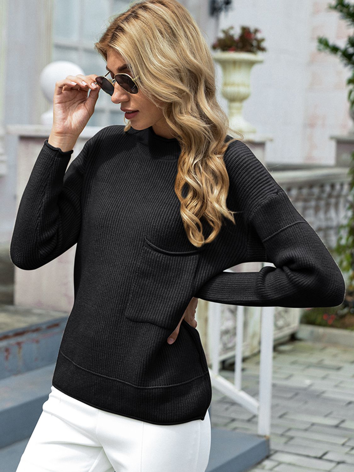 Round Neck Dropped Shoulder Sweater with Pocket BLUE ZONE PLANET