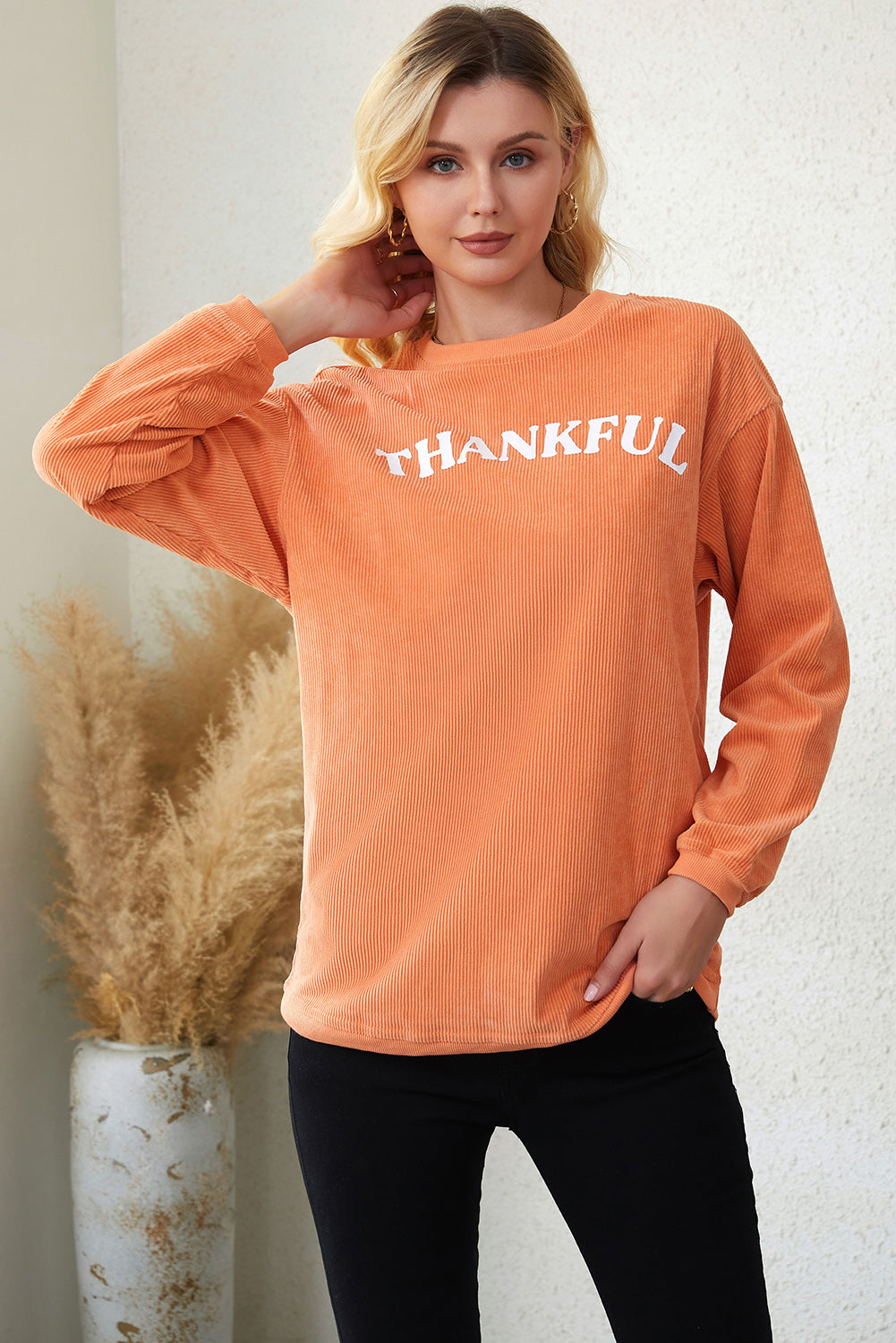 Round Neck Dropped Shoulder THANKFUL Graphic Sweatshirt BLUE ZONE PLANET