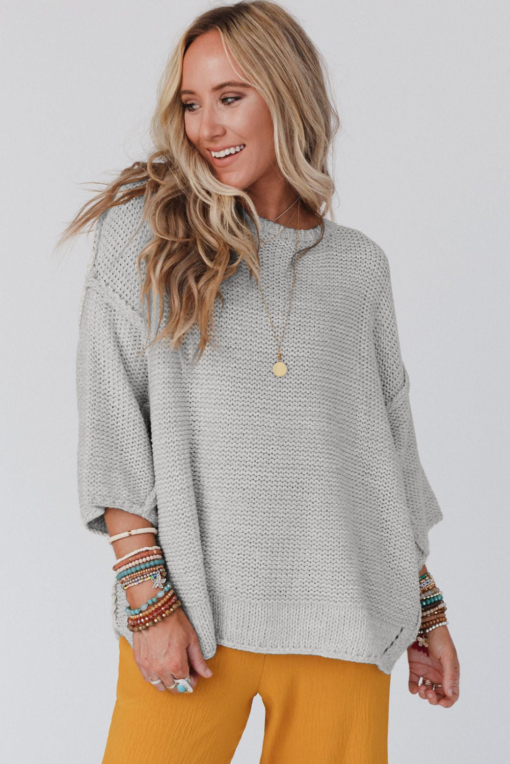 Round Neck Dropped Shoulder Three-Quarter Sleeve Sweater BLUE ZONE PLANET