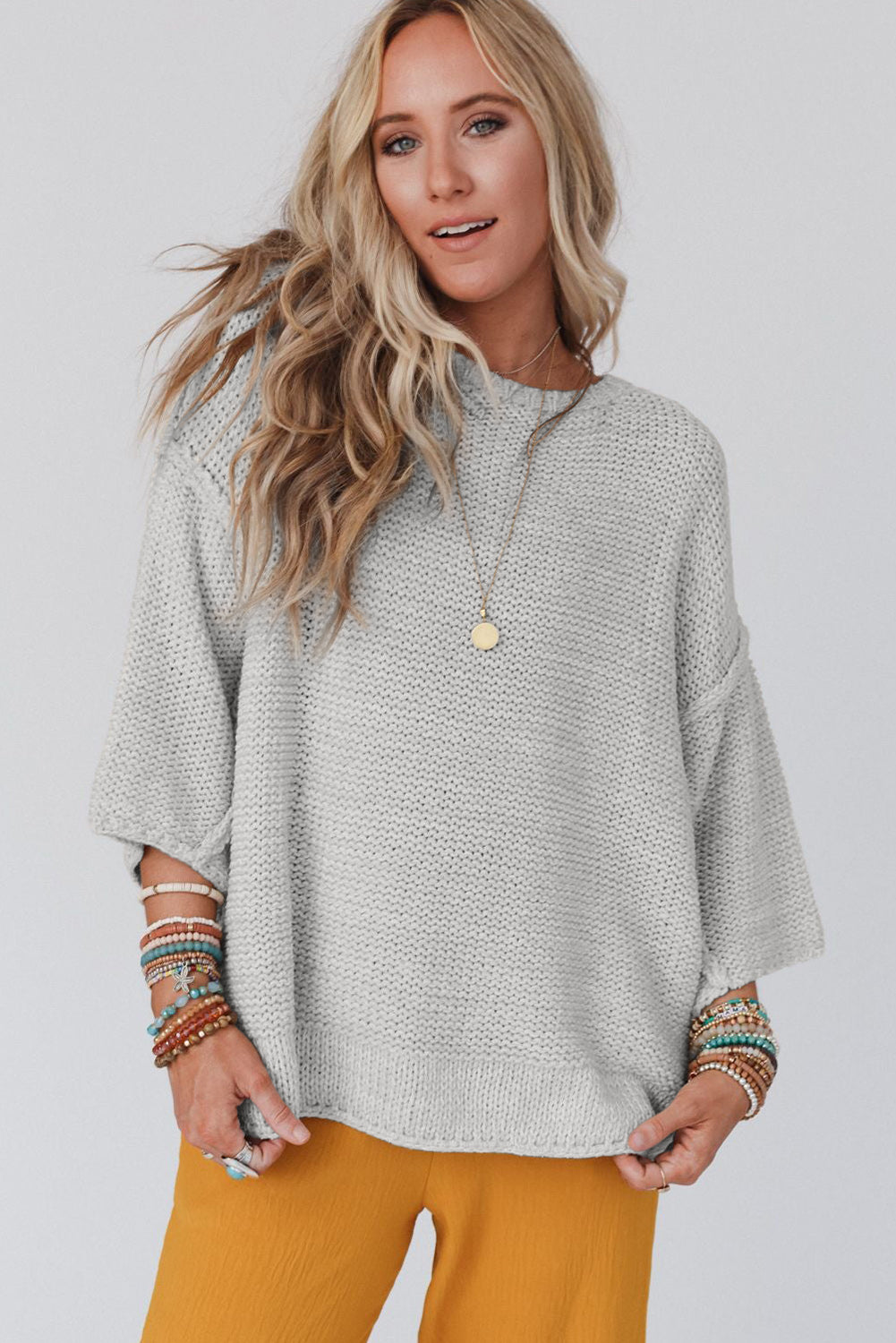 Round Neck Dropped Shoulder Three-Quarter Sleeve Sweater BLUE ZONE PLANET