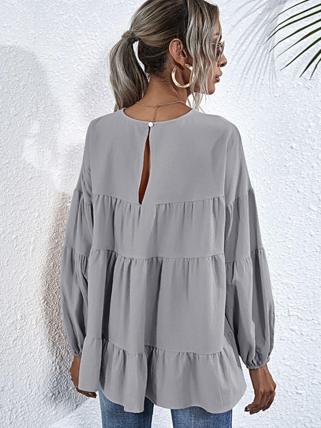 Round Neck Dropped Shoulder Tiered Blouse BLUE ZONE PLANET