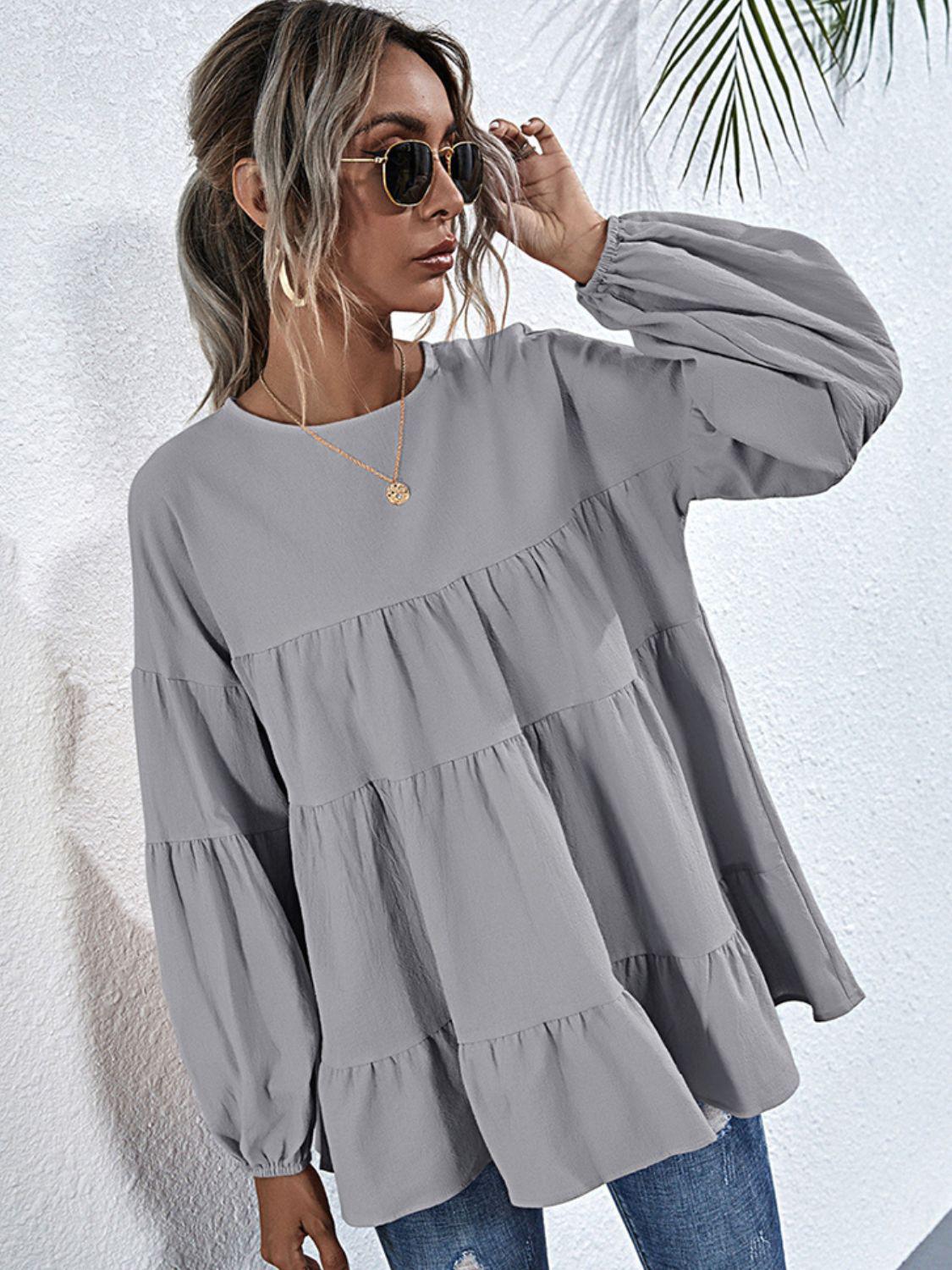 Round Neck Dropped Shoulder Tiered Blouse BLUE ZONE PLANET