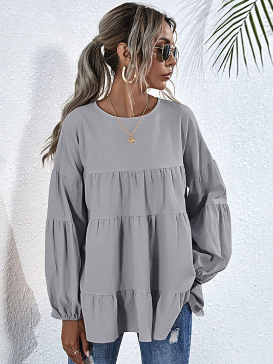 Round Neck Dropped Shoulder Tiered Blouse BLUE ZONE PLANET