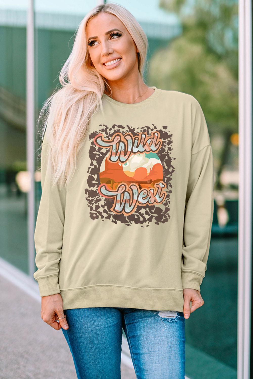 Round Neck Dropped Shoulder WILD WEST Graphic Sweatshirt BLUE ZONE PLANET