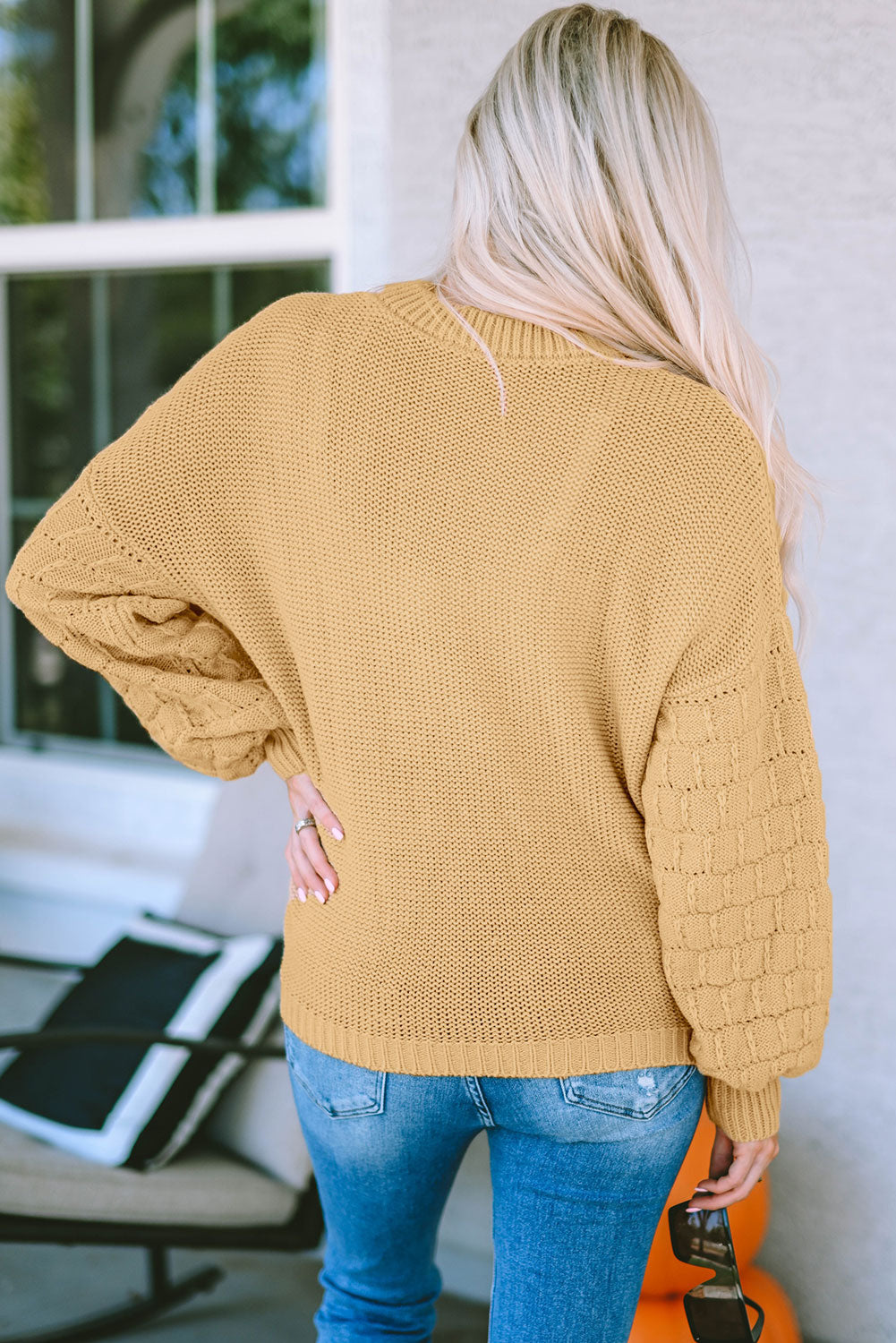 Round Neck Dropped Shoulder Waffle-Knit Sweater BLUE ZONE PLANET