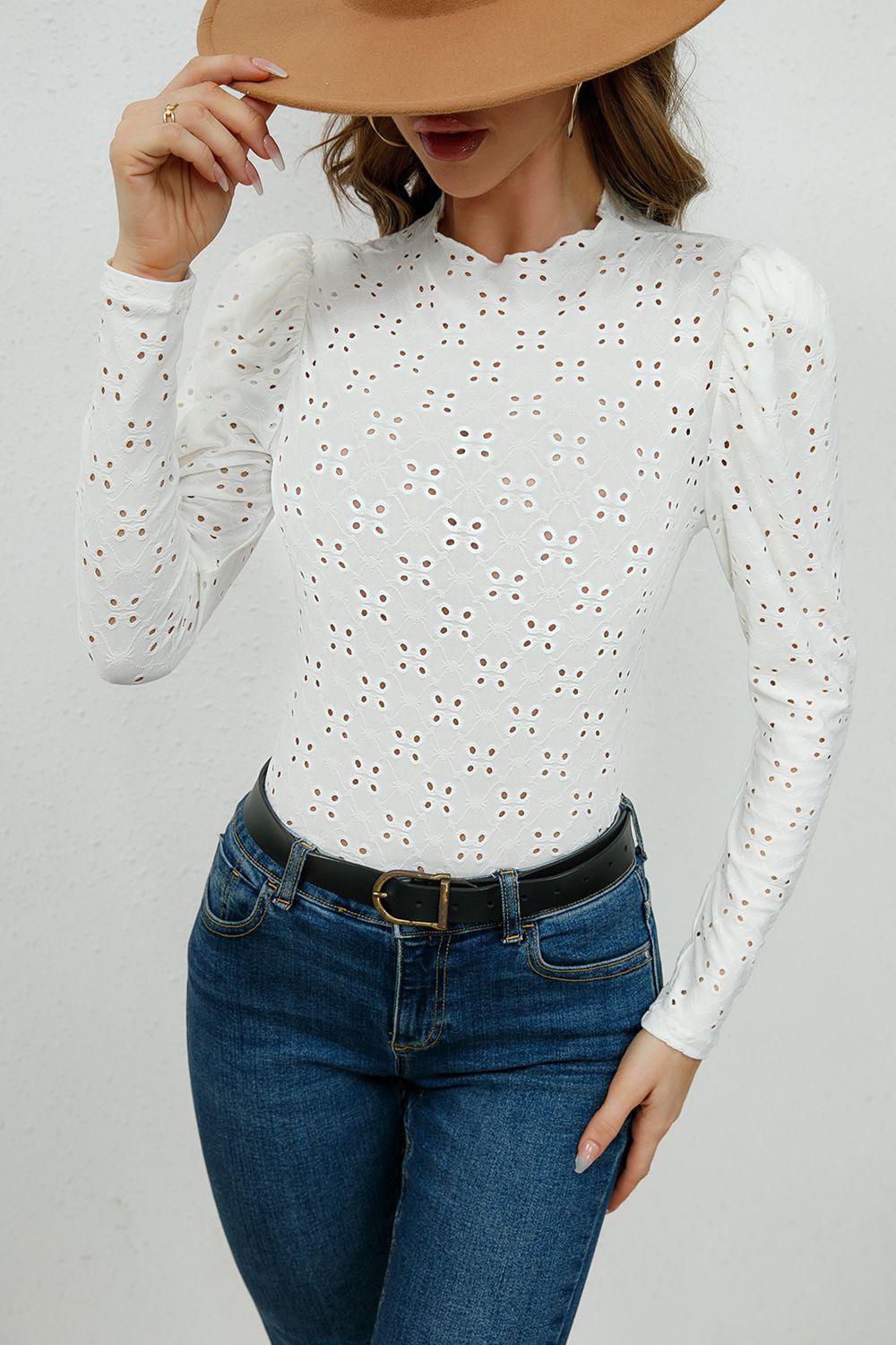 Round Neck Eyelet Long Sleeeve Blouse BLUE ZONE PLANET