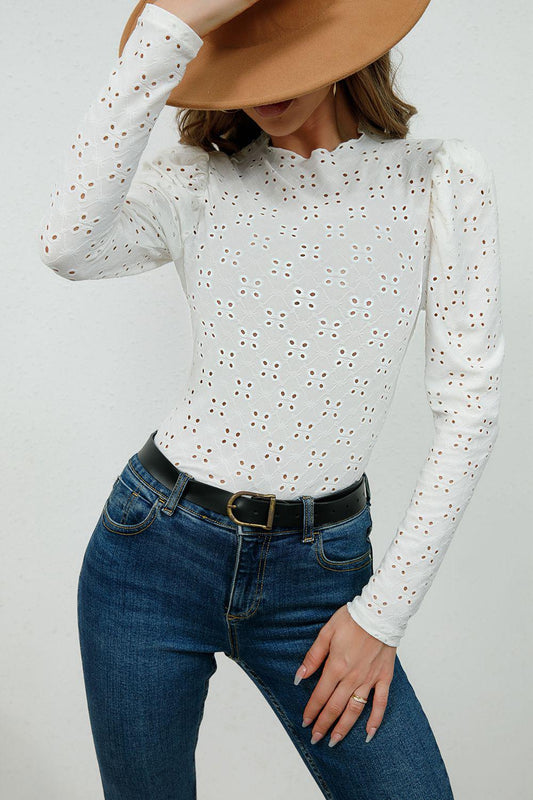 Round Neck Eyelet Long Sleeeve Blouse BLUE ZONE PLANET