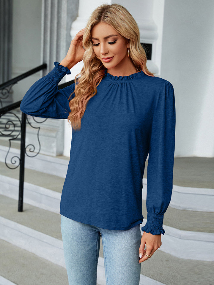 Round Neck Flounce Sleeve Blouse BLUE ZONE PLANET