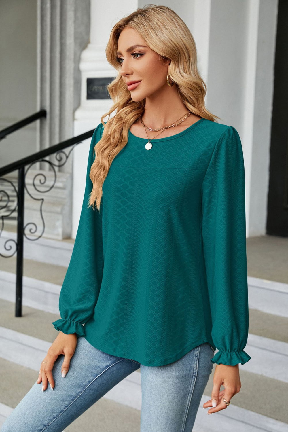 Round Neck Flounce Sleeve Blouse BLUE ZONE PLANET