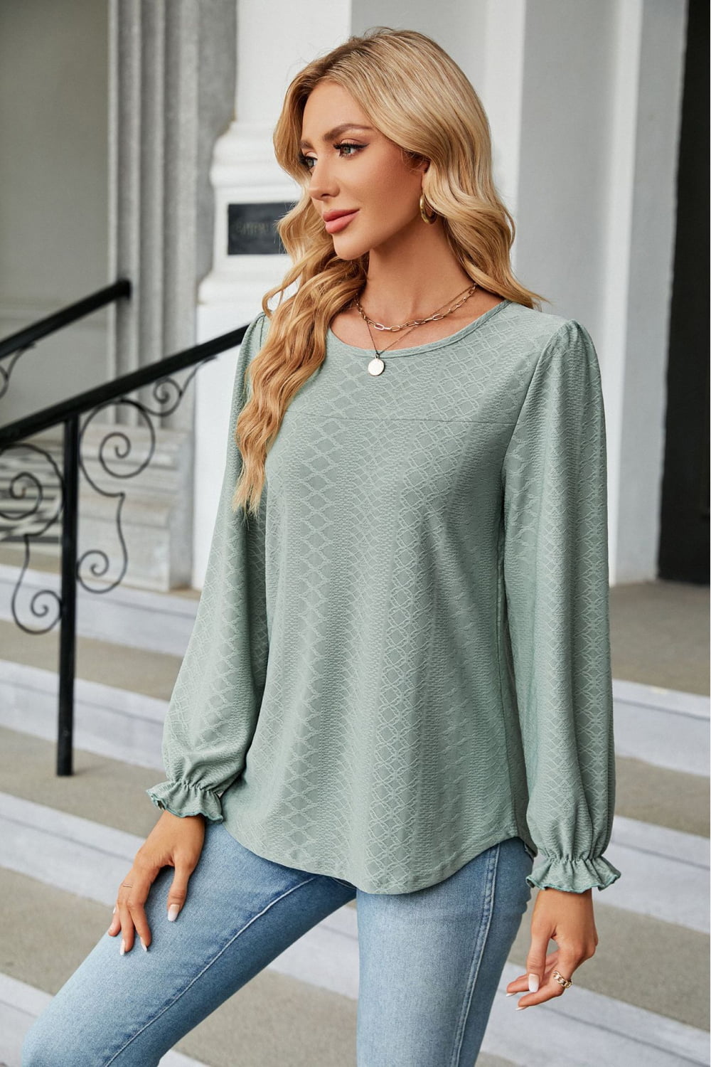 Round Neck Flounce Sleeve Blouse BLUE ZONE PLANET