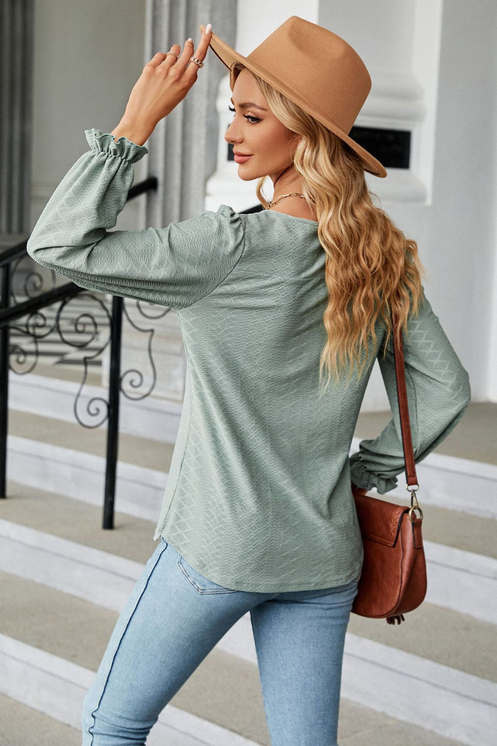 Round Neck Flounce Sleeve Blouse BLUE ZONE PLANET