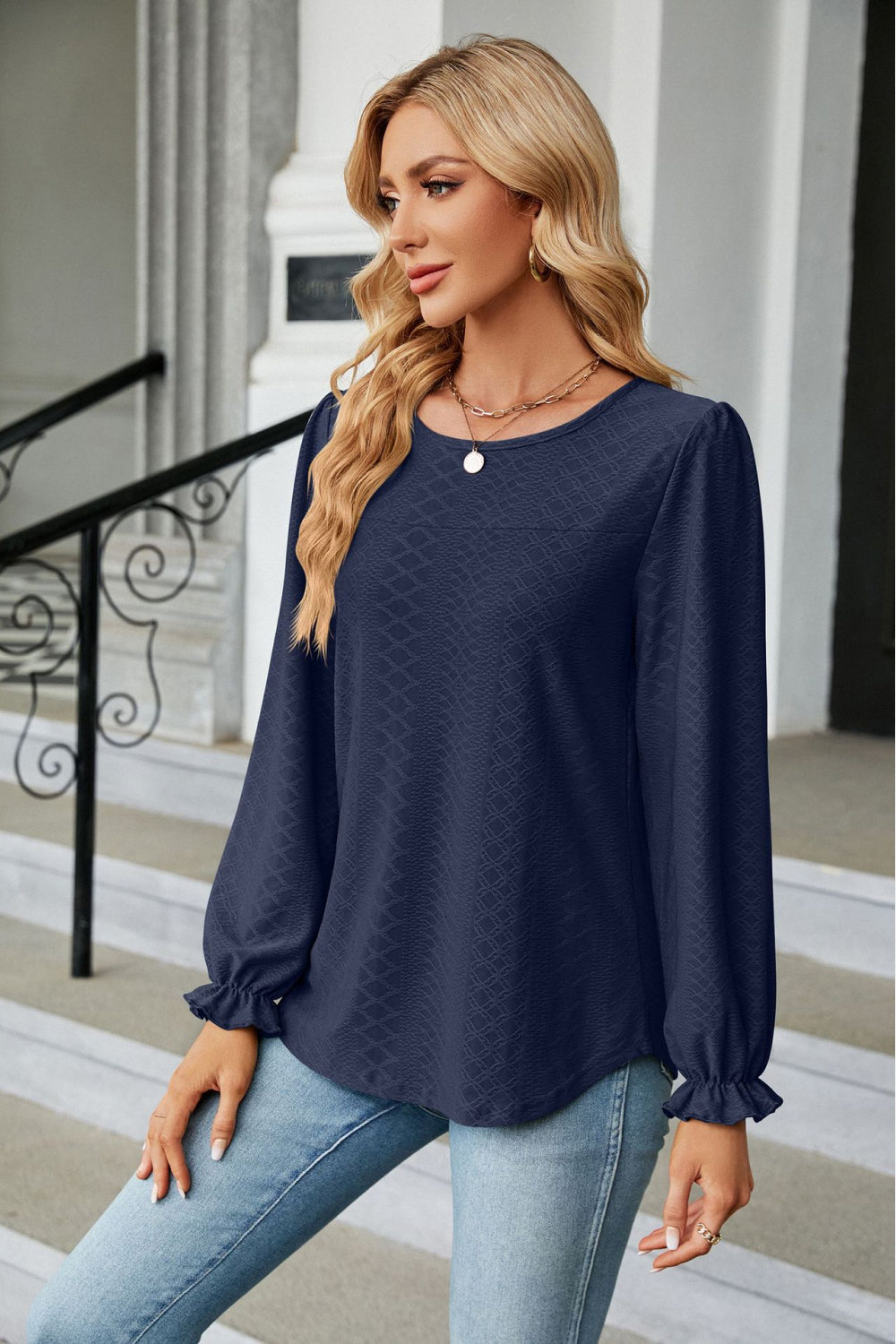 Round Neck Flounce Sleeve Blouse BLUE ZONE PLANET