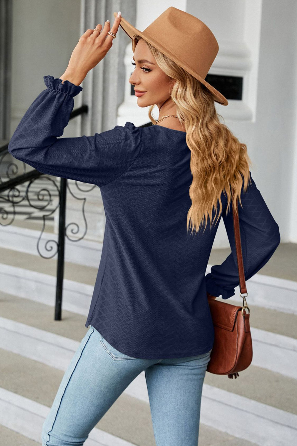 Round Neck Flounce Sleeve Blouse BLUE ZONE PLANET