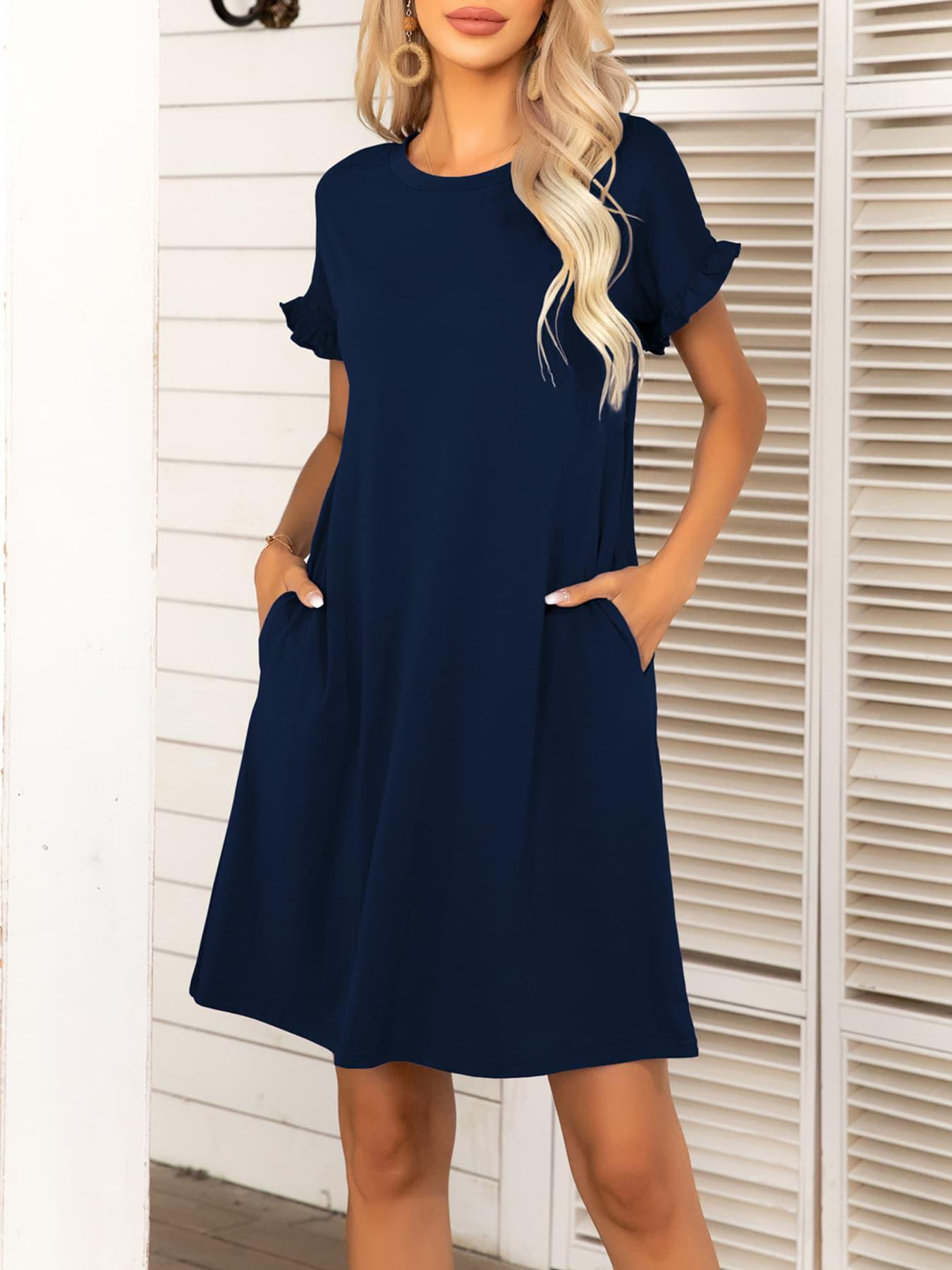 Round Neck Flounce Sleeve Dress with Pockets BLUE ZONE PLANET