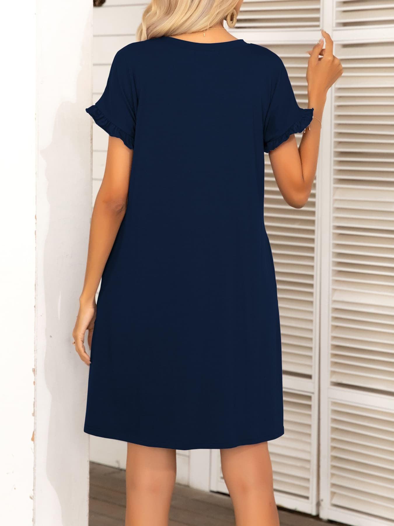 Round Neck Flounce Sleeve Dress with Pockets BLUE ZONE PLANET