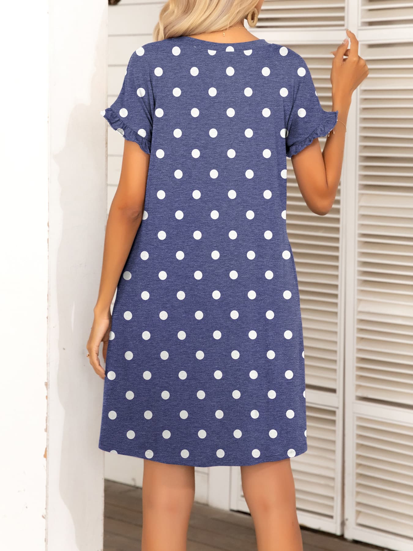 Round Neck Flounce Sleeve Dress with Pockets BLUE ZONE PLANET