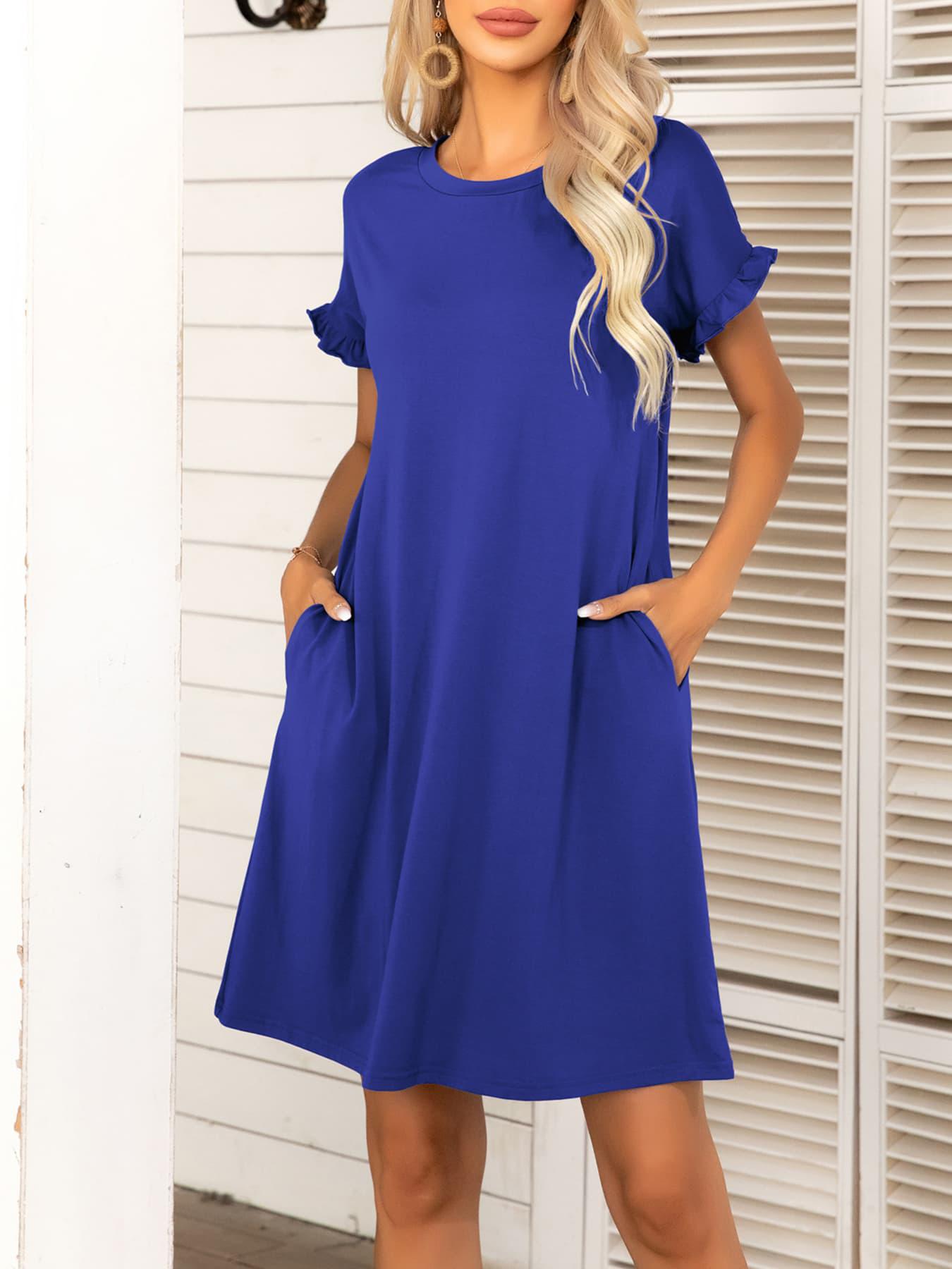 Round Neck Flounce Sleeve Dress with Pockets BLUE ZONE PLANET