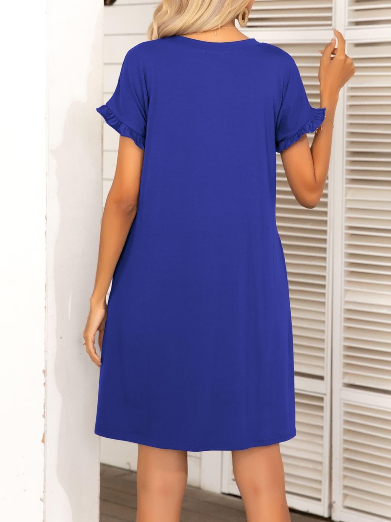 Round Neck Flounce Sleeve Dress with Pockets BLUE ZONE PLANET