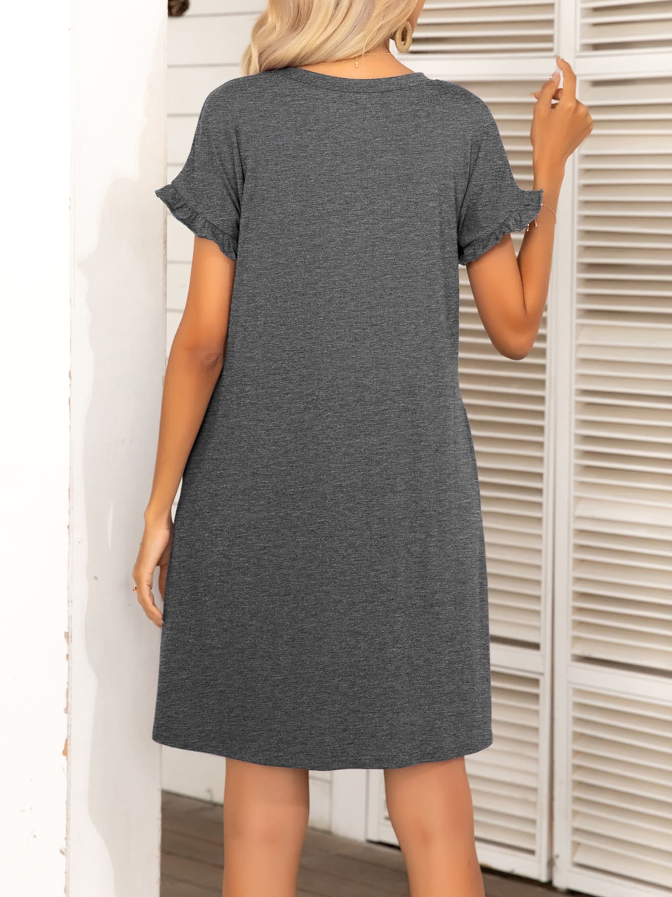 Round Neck Flounce Sleeve Dress with Pockets BLUE ZONE PLANET