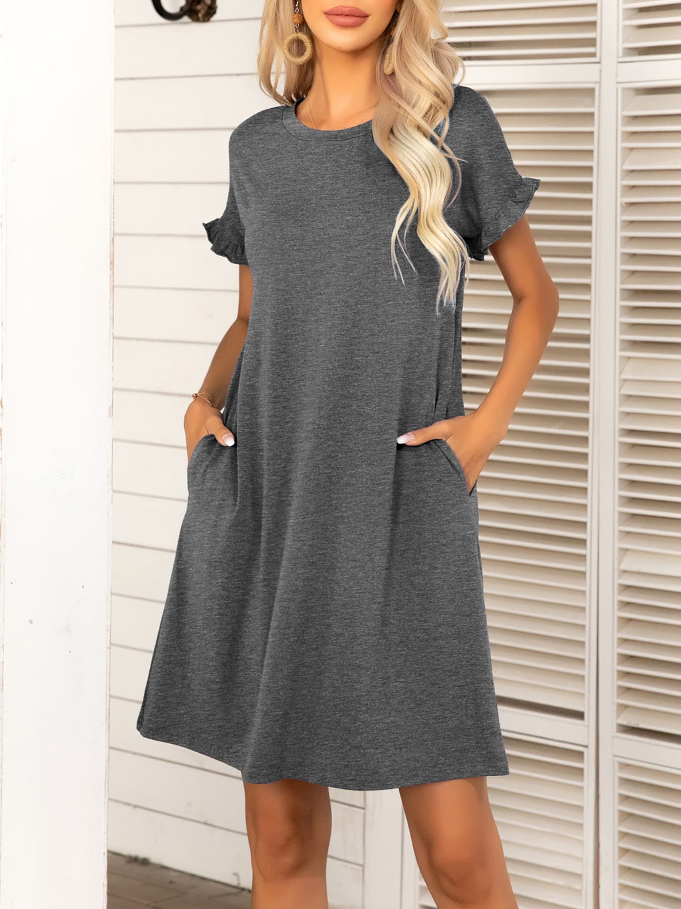 Round Neck Flounce Sleeve Dress with Pockets BLUE ZONE PLANET